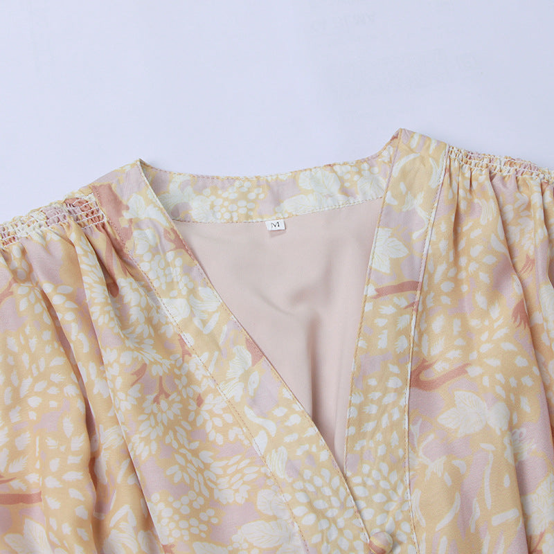 Retro Palace V-neck Single-breasted Floral Printed Party Maxi Dresses