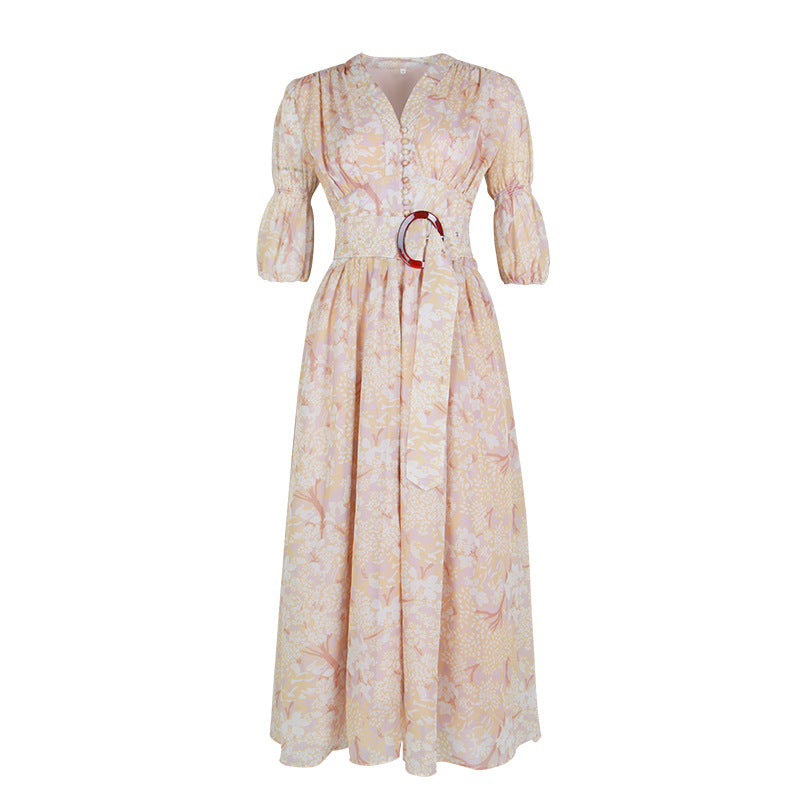 Retro Palace V-neck Single-breasted Floral Printed Party Maxi Dresses