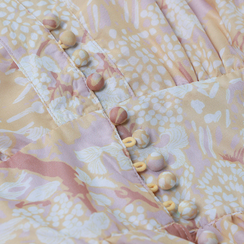 Retro Palace V-neck Single-breasted Floral Printed Party Maxi Dresses