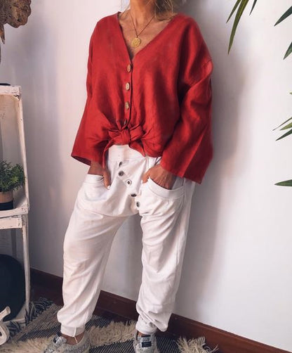 Women Thin Light V Neck Single-Breasted Leisure Loose Shirt Blouse