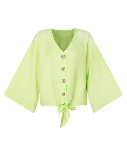 Women Thin Light V Neck Single-Breasted Leisure Loose Shirt Blouse