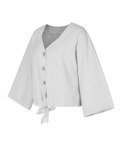 Women Thin Light V Neck Single-Breasted Leisure Loose Shirt Blouse