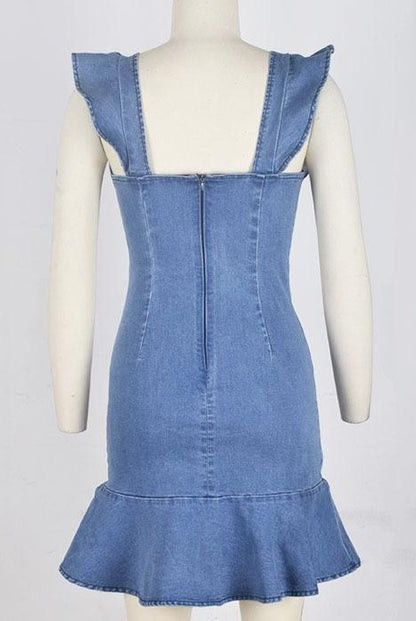 Vacation Blue Denim Ruffles Sleeves Mini Dresses