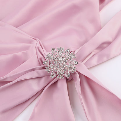 Satin Off Shoulder V-neck Bowknot Workwear Tops Shirts With Brooch