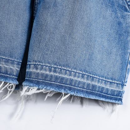 Elastic Belt Denim Vest And One-piece Shorts