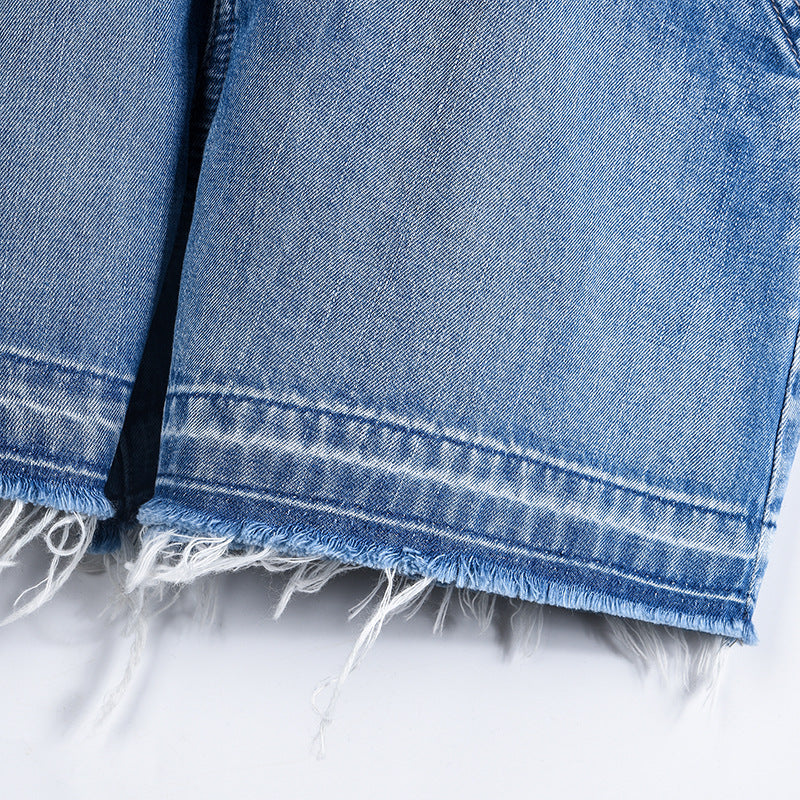 Elastic Belt Denim Vest And One-piece Shorts