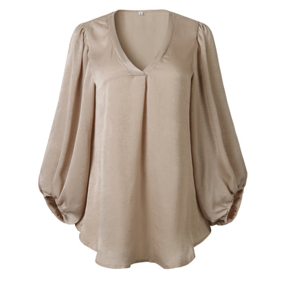 Women V Neck Lantern Sleeve Loose Shirt