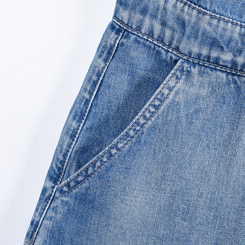Elastic Belt Denim Vest And One-piece Shorts