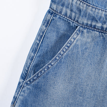 Elastic Belt Denim Vest And One-piece Shorts