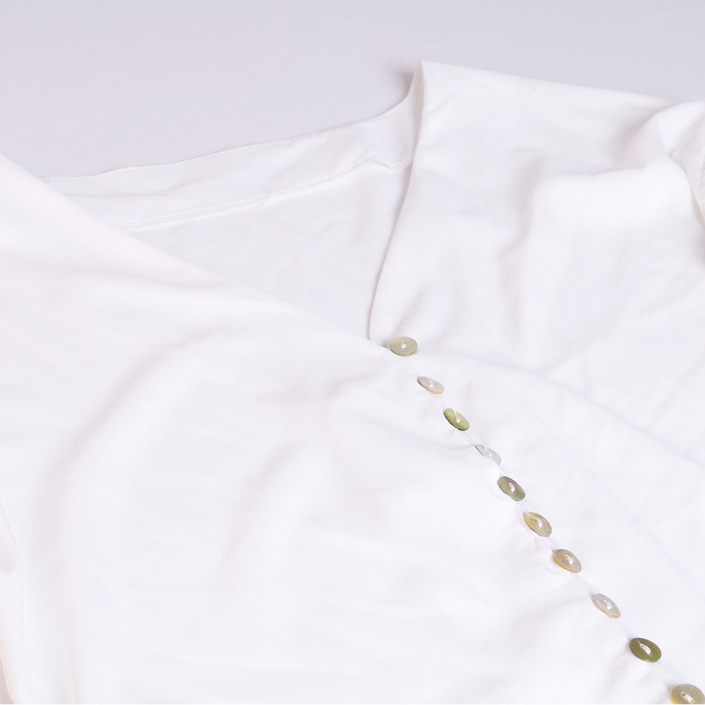 Women's Loose V Neck Lace Edge Shirt Button Blouse
