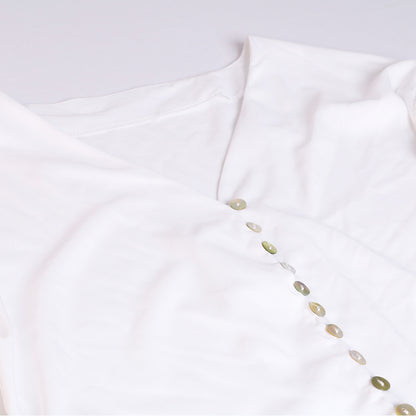 Women's Loose V Neck Lace Edge Shirt Button Blouse