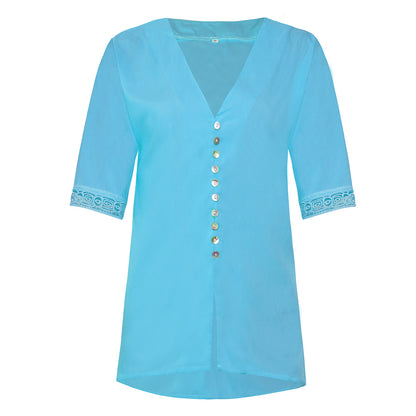 Women's Loose V Neck Lace Edge Shirt Button Blouse