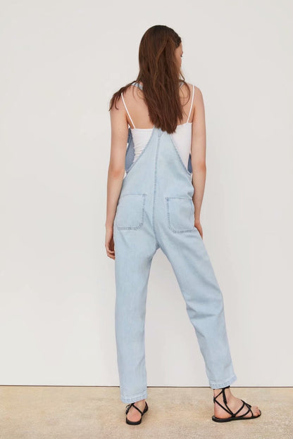 Loose Denim Pockets Strap Overalls Jumpsuits