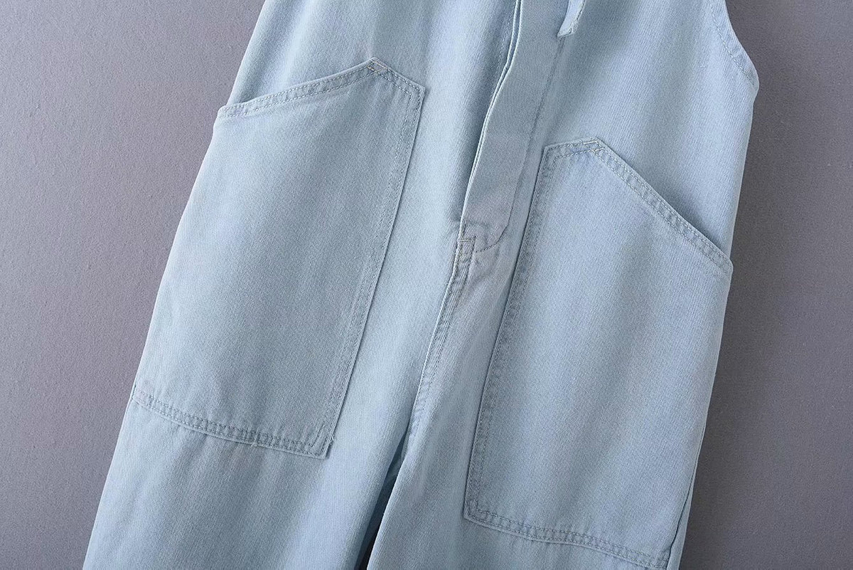 Loose Denim Pockets Strap Overalls Jumpsuits