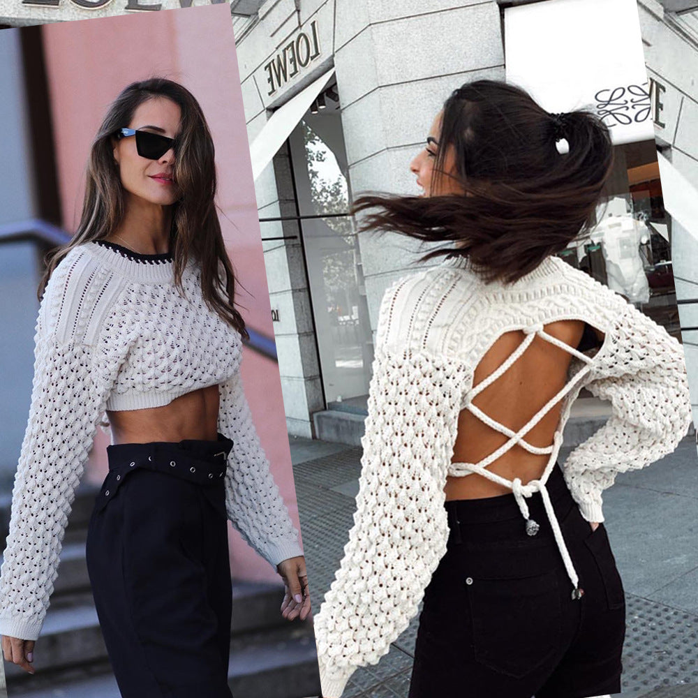 Backless Hollow-out Round Neck Sweaters Crop Tops