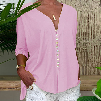 Women's Loose V Neck Lace Edge Shirt Button Blouse