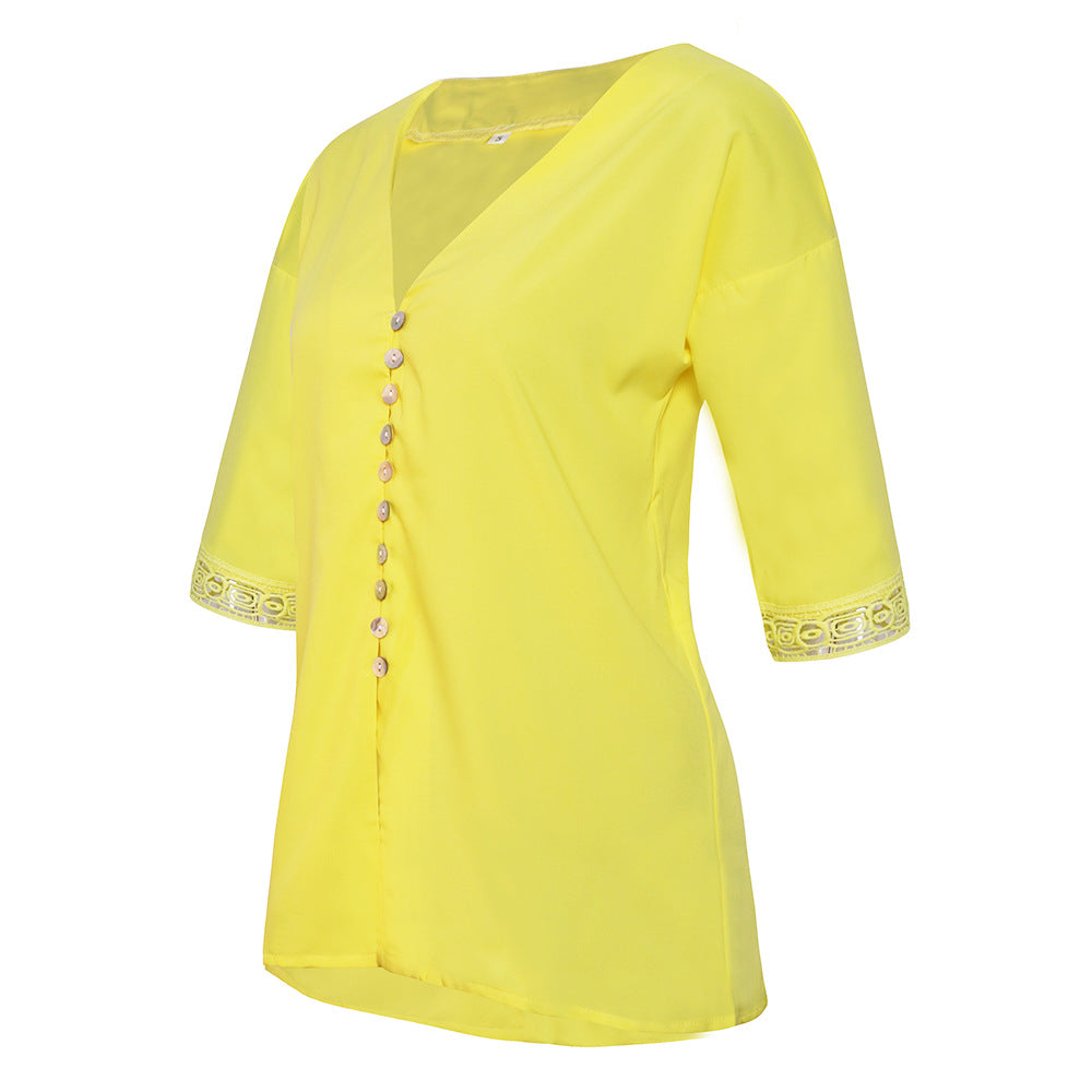 Women's Loose V Neck Lace Edge Shirt Button Blouse