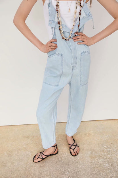 Loose Denim Pockets Strap Overalls Jumpsuits