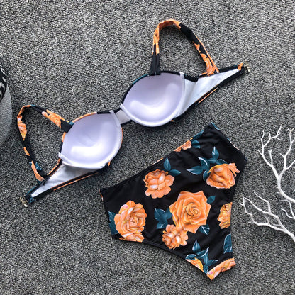 Vintage Printed High-waisted Bikini Steel Bracket Swimsuit