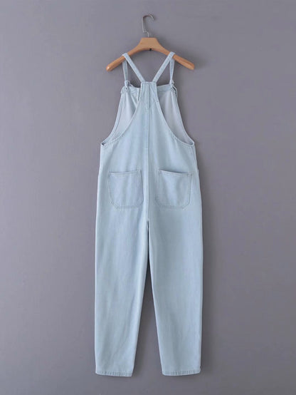 Loose Denim Pockets Strap Overalls Jumpsuits
