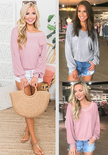 V-neck Waffle Strapless Shoulder Lantern Long Sleeve T-shirt Sweater