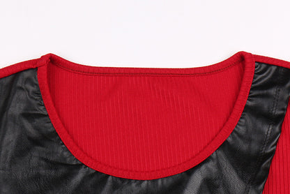 Women's Round Neck Leather Irregular Splicing Sweater