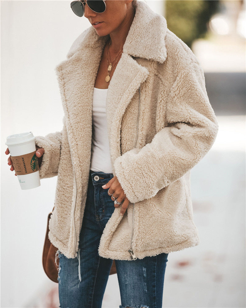 Women Pocket Zipper Plush Coat