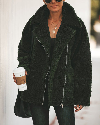 Women Pocket Zipper Plush Coat