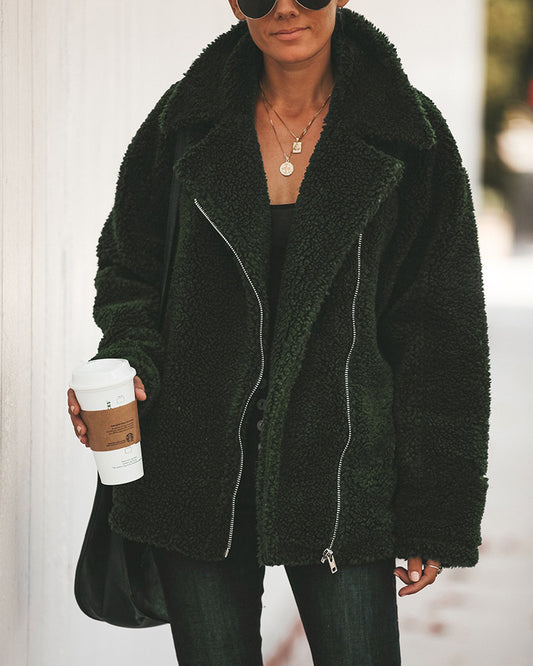 Women Pocket Zipper Plush Coat