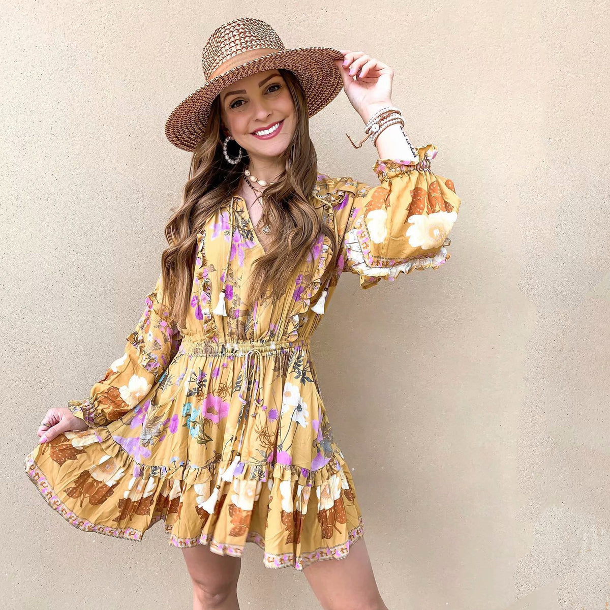 Boho Bohemia Lace-up Hollow-out Floral Printed Tassel Mini Dresses