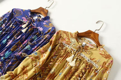 Boho Bohemia Lace-up Hollow-out Floral Printed Tassel Mini Dresses