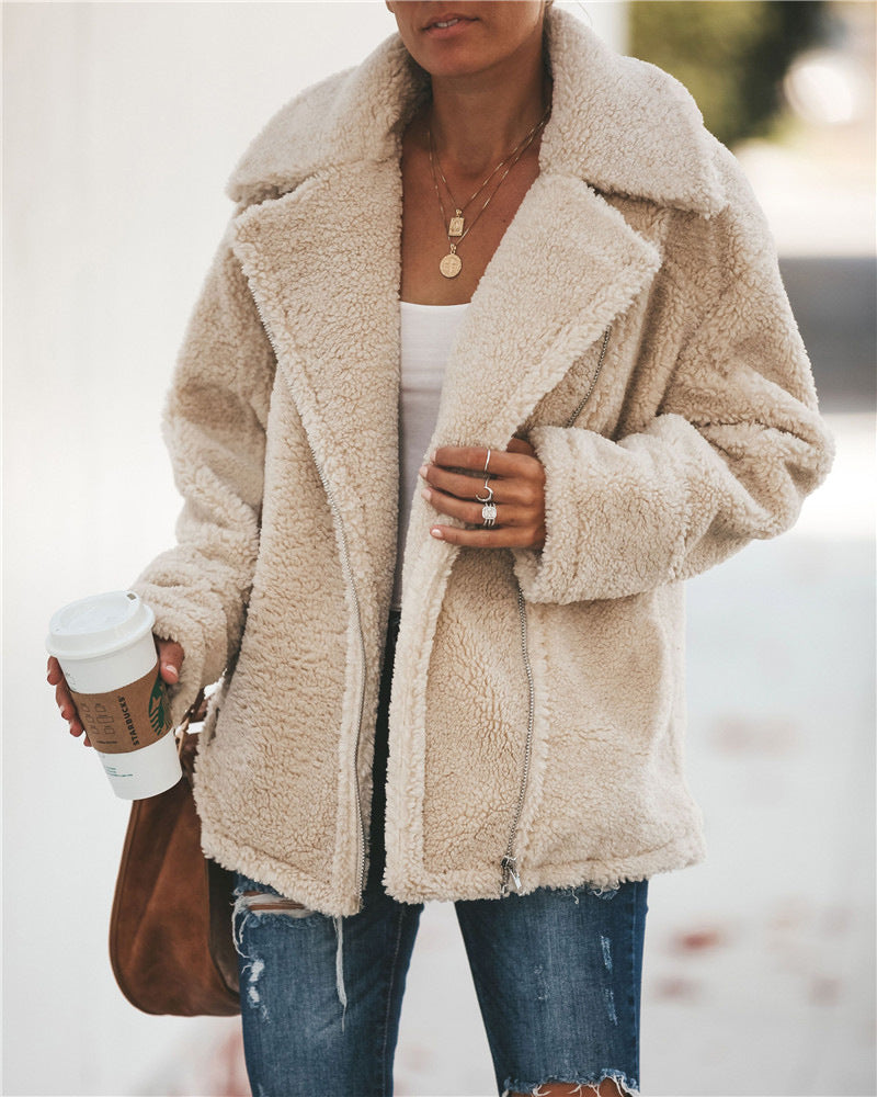 Women Pocket Zipper Plush Coat