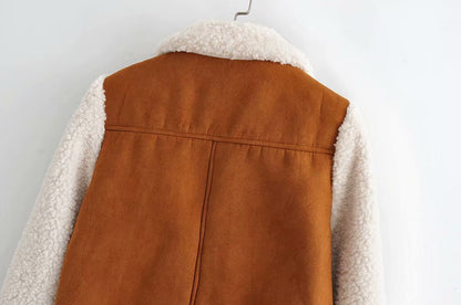 Contrast Pile Collar Pocket Tops Jacket Outerwear