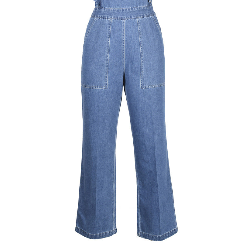 Lace-up Ruffled Denim Jumpsuit Backless Sleeveless Rompers