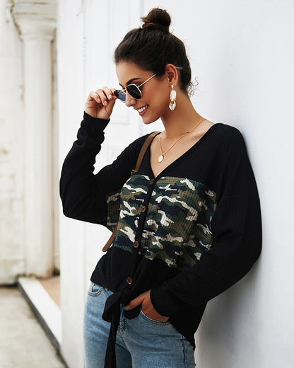 Women V-Collar Camouflage Splice Single Breasted Long Sleeve Sweater Cardigan