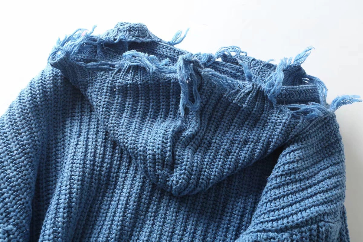 Hooded Batwing Sleeve Tassel Sweater Zipper Knitting Cardigan