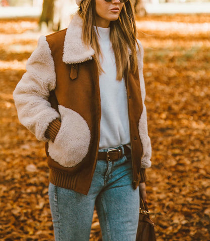 Contrast Pile Collar Pocket Tops Jacket Outerwear