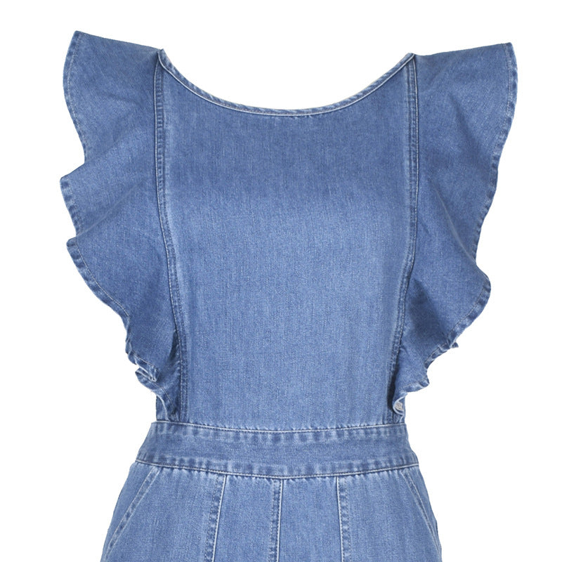 Lace-up Ruffled Denim Jumpsuit Backless Sleeveless Rompers