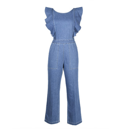 Lace-up Ruffled Denim Jumpsuit Backless Sleeveless Rompers