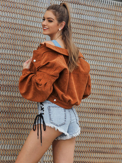 Multicolor Drop Shoulder Corduroy Coat Flap Pocket Jacket