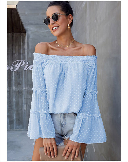 Polka Dot Off The Shoulder Trumpet Sleeve Loose Shirt