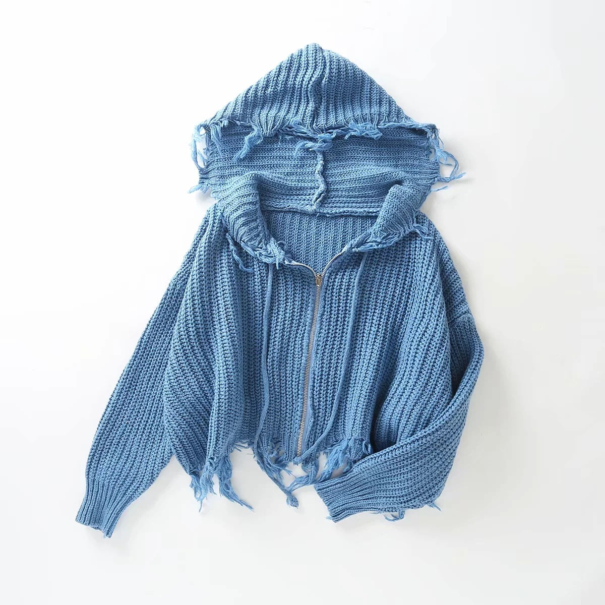 Hooded Batwing Sleeve Tassel Sweater Zipper Knitting Cardigan