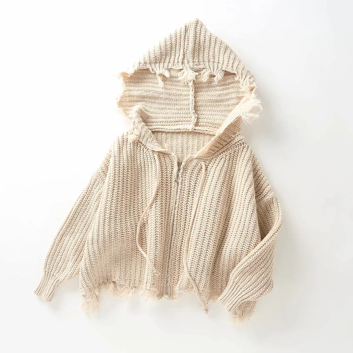 Hooded Batwing Sleeve Tassel Sweater Zipper Knitting Cardigan