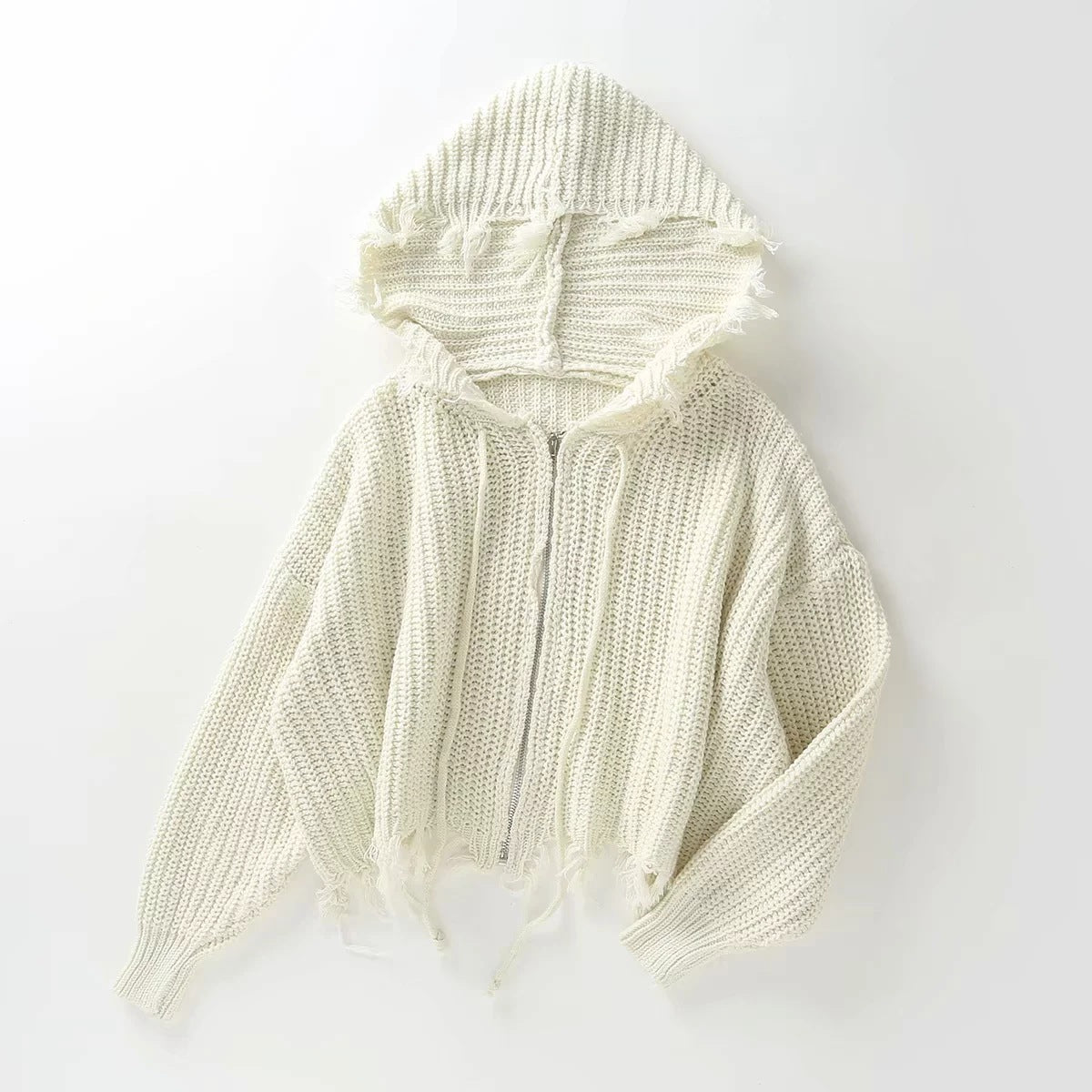 Hooded Batwing Sleeve Tassel Sweater Zipper Knitting Cardigan