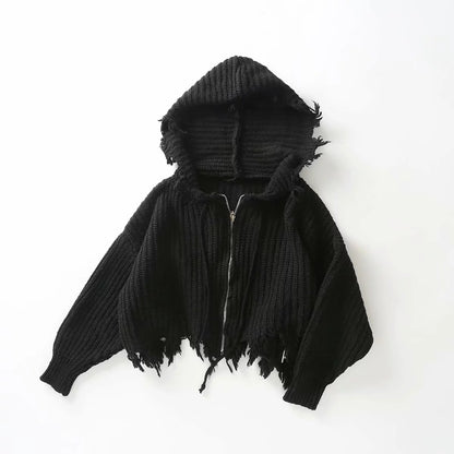 Hooded Batwing Sleeve Tassel Sweater Zipper Knitting Cardigan