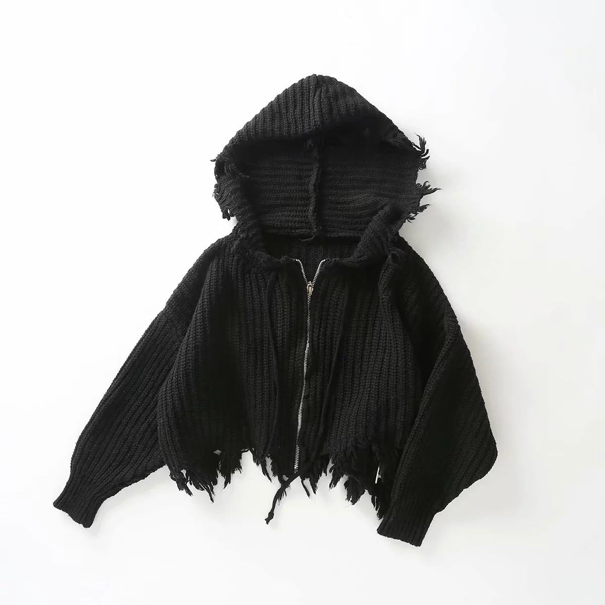 Hooded Batwing Sleeve Tassel Sweater Zipper Knitting Cardigan Black