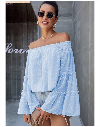 Polka Dot Off The Shoulder Trumpet Sleeve Loose Shirt