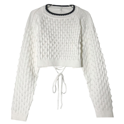 Backless Hollow-out Round Neck Sweaters Crop Tops White