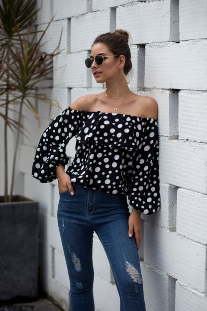 Women Sexy Off The Shoulder Puff Sleeve Polka Dot Shirt Top