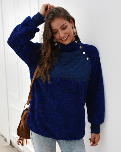 Women's High Collar Oblique Button Sweater Long Sleeve